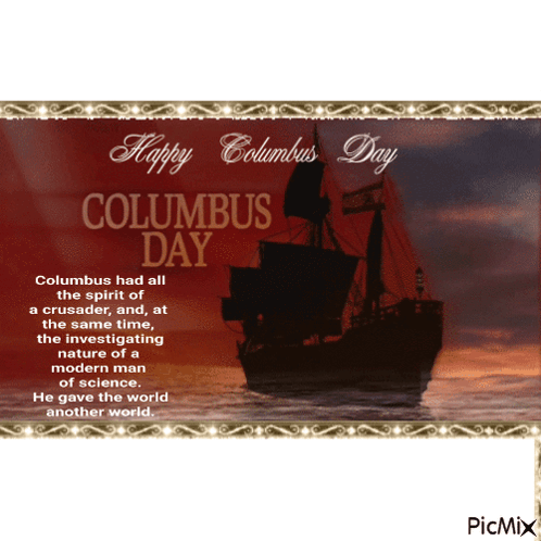 A Happy Columbus Day Card With A Ship In The Water GIF