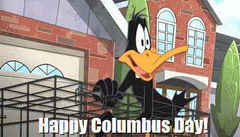 A Happy Columbus Day Greeting With A Duck On A Balcony GIF