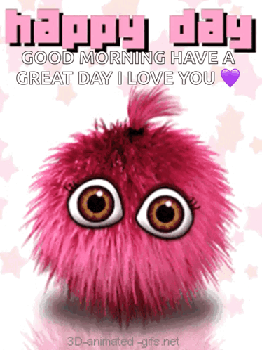 A Happy Day Greeting Card With A Pink Stuffed Animal With Big Eyes GIF