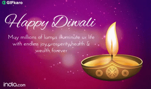 A Happy Diwali Greeting Card With A Lit Candle On A Purple Background GIF