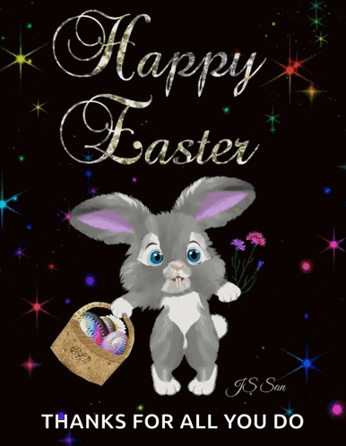 A Happy Easter Card With A Bunny Holding A Basket Of Easter Eggs GIF