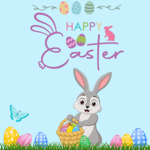 A Happy Easter Card With A Bunny Holding A Basket Of Easter Eggs GIF