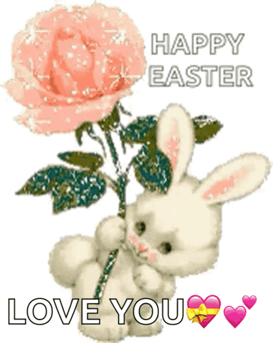 A Happy Easter Card With A Bunny Holding A Pink Flower GIF