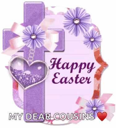A Happy Easter Card With A Purple Cross And Purple Flowers GIF