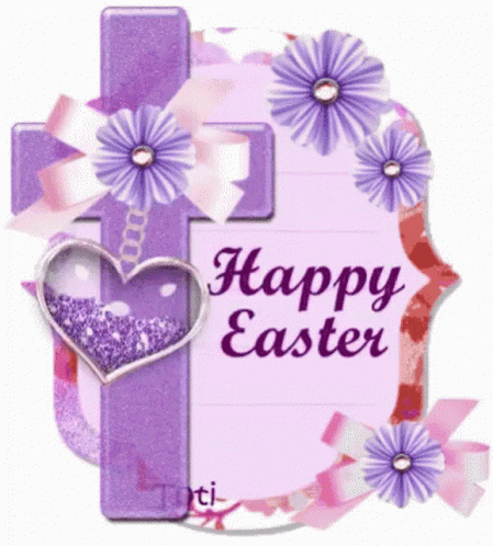 A Happy Easter Card With A Purple Cross And Purple Flowers GIF
