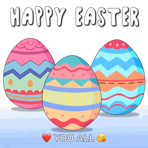 A Happy Easter Card With Three Colorful Eggs And A Heart GIF