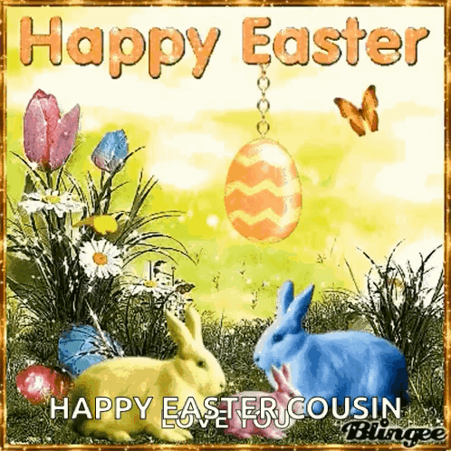 A Happy Easter Cousin Greeting Card With Two Rabbits And An Egg GIF