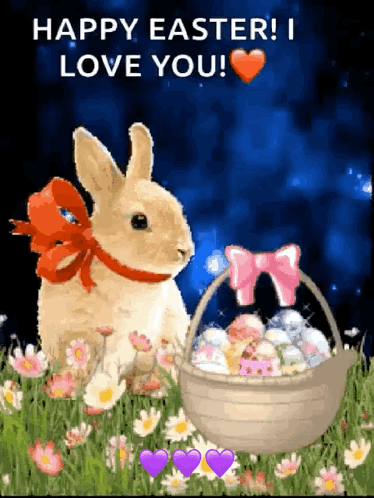 A Happy Easter Greeting Card With A Bunny And A Basket Full Of Easter Eggs GIF