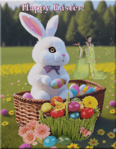 A Happy Easter Greeting Card With A Bunny And A Basket Full Of Easter Eggs GIF