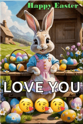 A Happy Easter Greeting Card With A Bunny And Easter Eggs . GIF