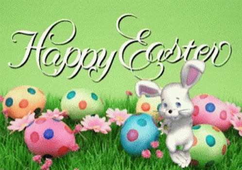 A Happy Easter Greeting Card With A Bunny And Eggs GIF