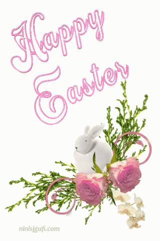 A Happy Easter Greeting Card With A Bunny And Pink Roses GIF