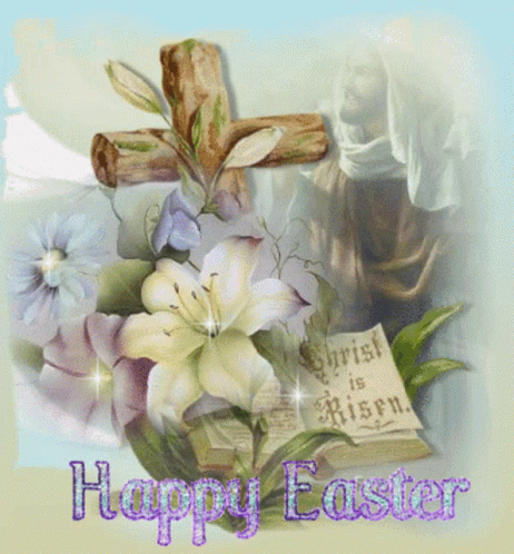 A Happy Easter Greeting Card With A Cross Flowers And A Bible GIF