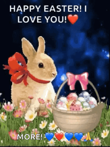 A Happy Easter Greeting Card With A Rabbit And A Basket Of Easter Eggs GIF