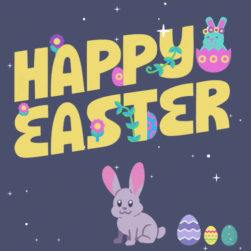 A Happy Easter Greeting With A Bunny And Eggs GIF