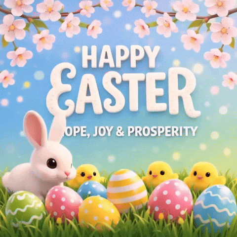 A Happy Easter Greeting With A Bunny And Eggs GIF