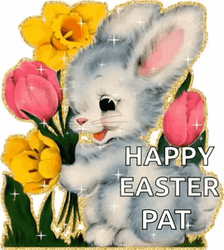 A Happy Easter Pat Greeting Card With A Bunny Holding A Bunch Of Flowers GIF