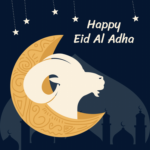 A Happy Eid Al Adha Card With A Ram On The Moon GIF