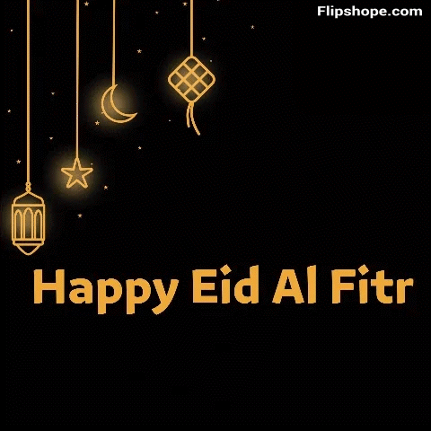 a happy eid al fitr greeting card with lanterns , a crescent moon , and a star .