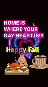 A Happy Fall Poster With A Pig Cutting A Turkey GIF