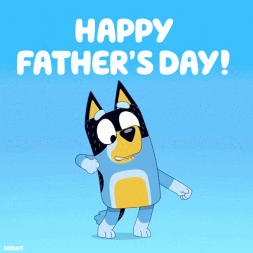A Happy Father 'S Day Greeting Card With A Blue And Yellow Dog GIF