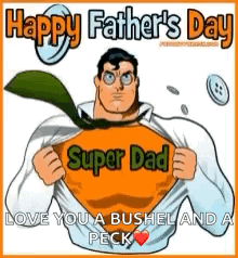 A Happy Father 'S Day Greeting Card With A Cartoon Of A Man Wearing A Super Dad Shirt . GIF