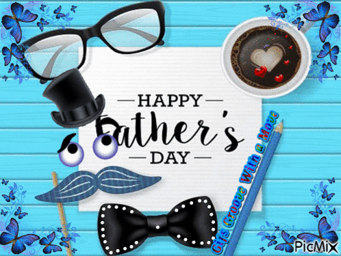 A Happy Father 'S Day Greeting Card With Glasses A Bow Tie And A Cup Of Coffee GIF