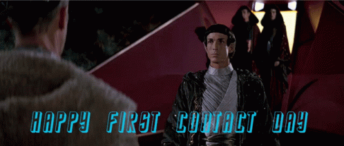 a happy first contact day greeting with a man waving