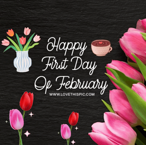 A Happy First Day Of February Greeting Card With Pink Flowers GIF