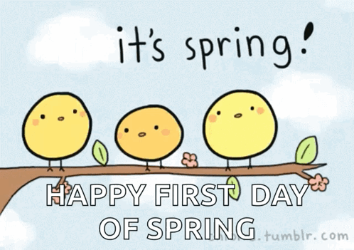 A Happy First Day Of Spring Greeting Card With Birds On A Tree Branch GIF