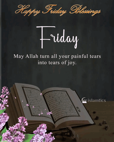 A Happy Friday Blessings Card With A Quran And Purple Flowers GIF