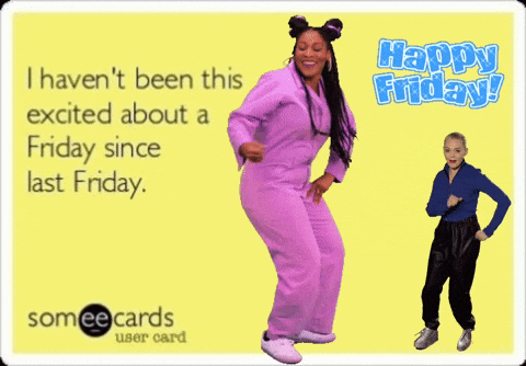 A Happy Friday Card With A Woman In A Purple Outfit GIF