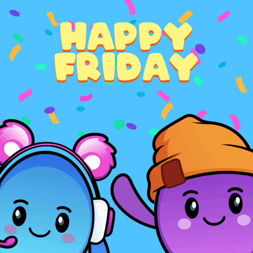 A Happy Friday Greeting Card With Two Cartoon Characters And Confetti GIF