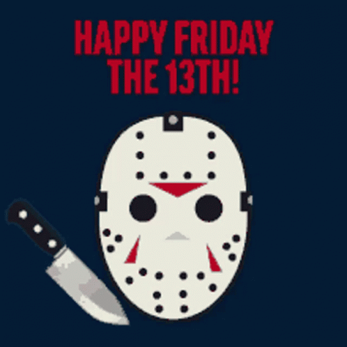 A Happy Friday The 13Th Greeting Card With A Jason Voorhees Mask And Knife GIF