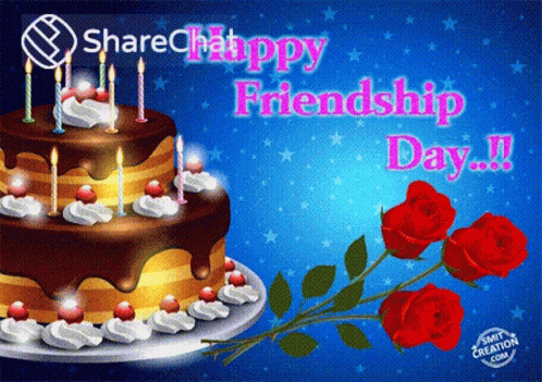 A Happy Friendship Day Greeting Card With A Chocolate Cake And Roses GIF