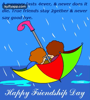 A Happy Friendship Day Greeting Card With Two People Under An Umbrella In The Rain GIF