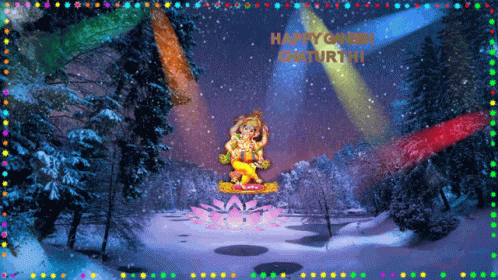 A Happy Ganesh Chaturthi Greeting Card With A Statue Of Ganesha On A Lotus Flower GIF
