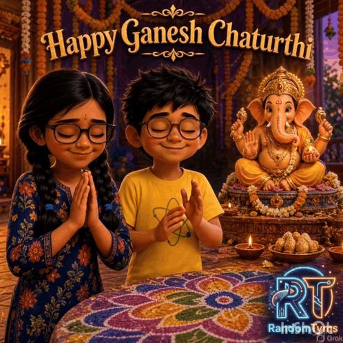 a happy ganesh chaturthi poster with a boy and girl praying