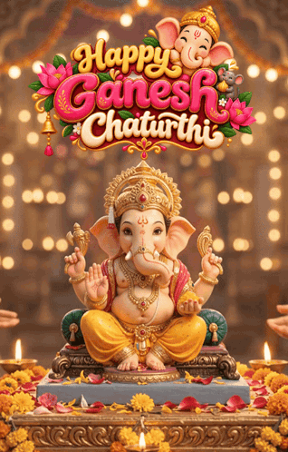 a happy ganesh chaturthi poster with a statue of ganesha
