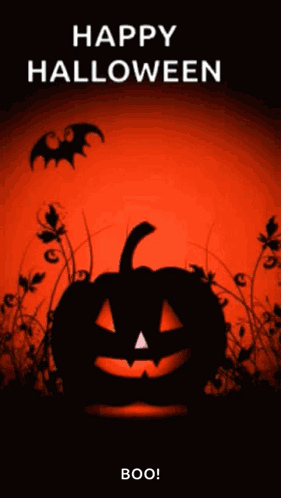 A Happy Halloween Greeting Card With A Pumpkin And Bats . GIF