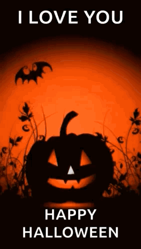 A Happy Halloween Greeting Card With A Pumpkin And Bats In The Background . GIF