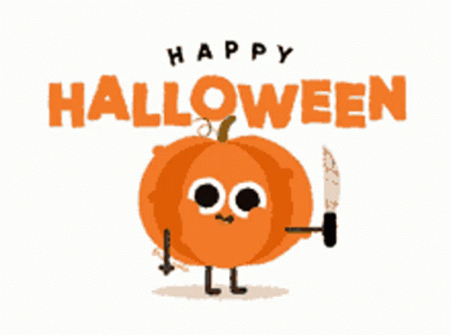 A Happy Halloween Greeting Card With A Pumpkin With A Knife In Its Hand GIF