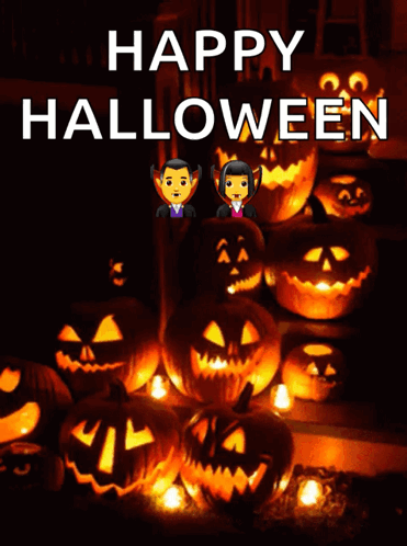 A Happy Halloween Greeting Card With Pumpkins And Vampires On It GIF