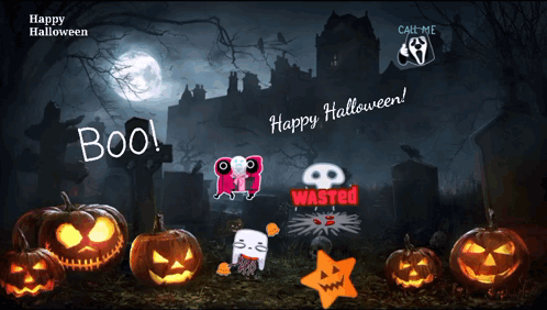 A Happy Halloween Greeting With Pumpkins And A Ghost GIF