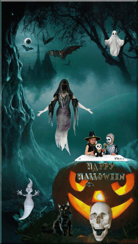 A Happy Halloween Poster With A Pumpkin And A Skull GIF
