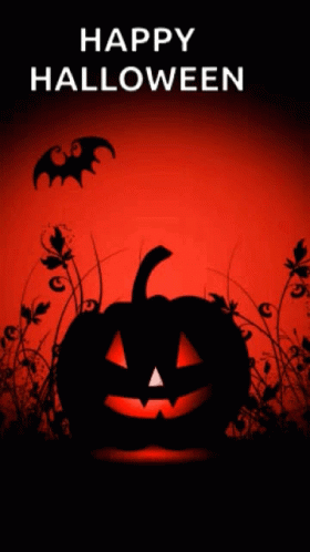 A Happy Halloween Poster With A Pumpkin And Bats In The Background GIF