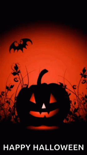 A Happy Halloween Poster With A Pumpkin And Bats On It GIF