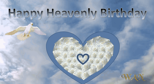 A Happy Heavenly Birthday Card With A Dove And A Heart Of Roses GIF