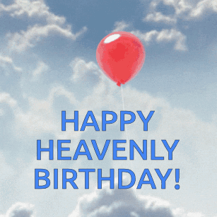 A Happy Heavenly Birthday Card With A Red Balloon Floating In The Sky GIF