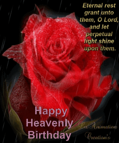 A Happy Heavenly Birthday Card With A Red Rose In The Foreground GIF